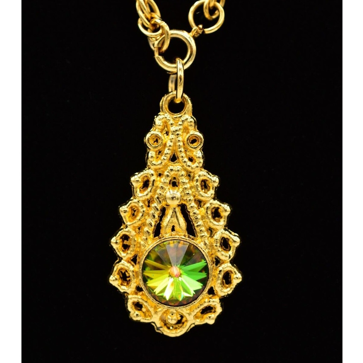 Vintage Crystal Pendant Necklace Brushed Gold Shiny Watermelon Chrome 1980s 9j